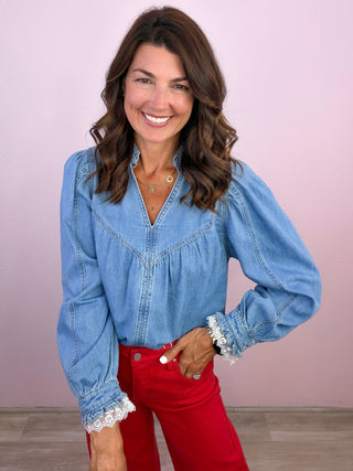 Denim Darling Blouse with Lace Sleeve Detail