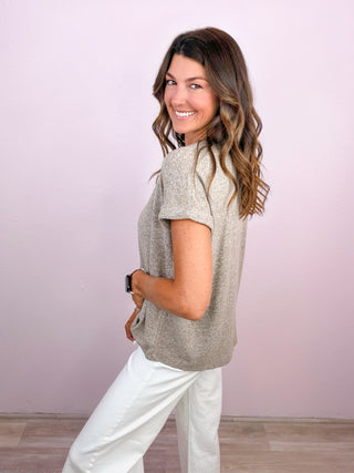 Easy Does It Hacci V-Neck Tee - Heathered Mocha