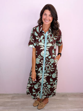 Printed Passage Midi Dress (Brown)