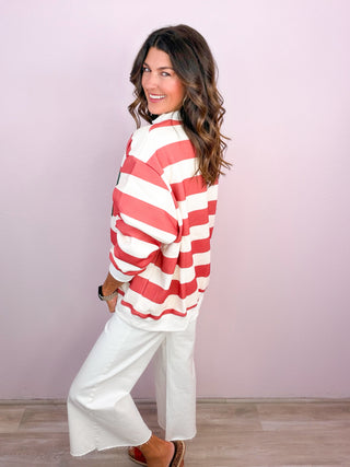 PREMIUM Emroidered MERRY Striped Mock Neck Pullover Sweatshirt