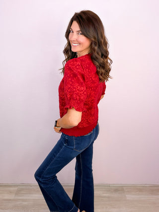 Scarlet Smocked Puff Sleeve Brushed Jacquard Top