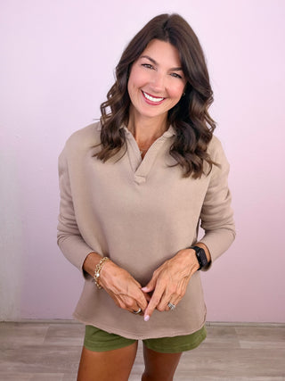 Busy Days Soft Vintage Henley Pullover (Taupe)