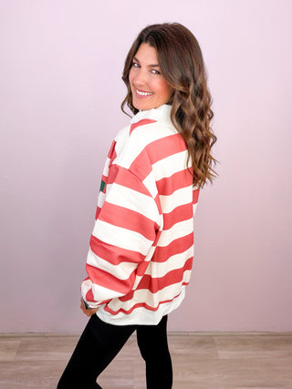 PREMIUM Emroidered MERRY Striped Mock Neck Pullover Sweatshirt
