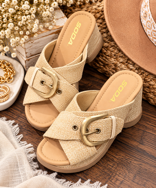 Raffia Open Toe Buckle Strap Wedge Sandal
