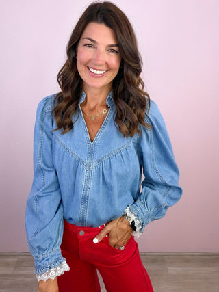 Denim Darling Blouse with Lace Sleeve Detail