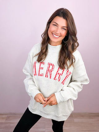 PREMIUM Embroidered MERRY Red Plaid Mock Neck Pullover Sweatshirt