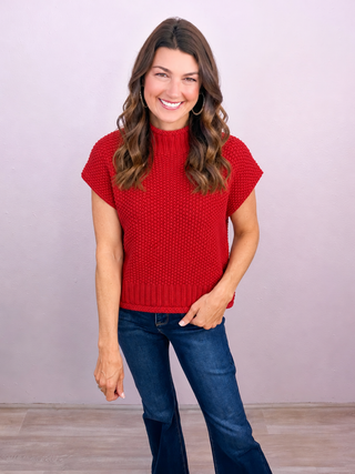 Cozy Charm Mock Neck Sweater Top - Red