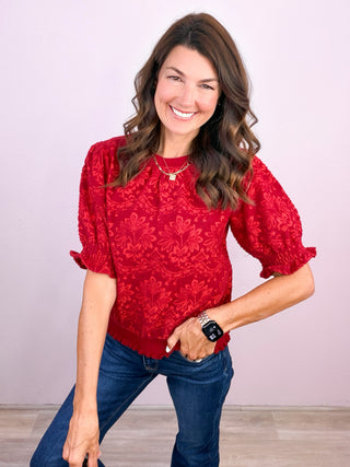 Scarlet Smocked Puff Sleeve Brushed Jacquard Top