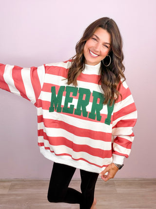 PREMIUM Emroidered MERRY Striped Mock Neck Pullover Sweatshirt