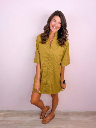 The Everyday Charm Button Front Dress - Olive