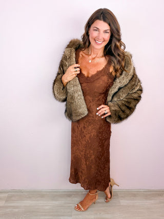 Satin Jacquard Lace Midi Dress - Brown