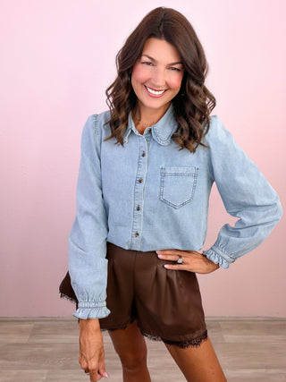 Feminine Edge Collar Button Down Denim Shirt