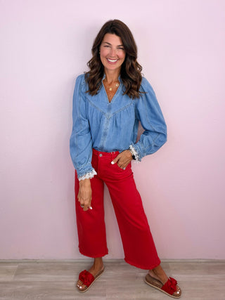 Denim Darling Blouse with Lace Sleeve Detail