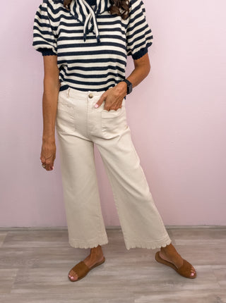 Scallop Trim Wide Leg Pants (Ecru)