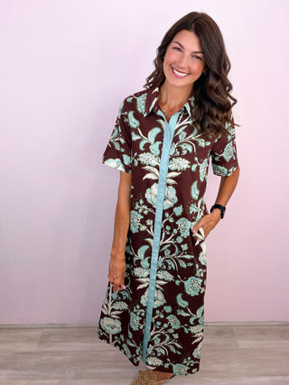 Printed Passage Midi Dress (Brown)