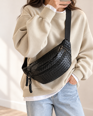 Atlas Woven Vegan Leather Crossbody Bag – Black