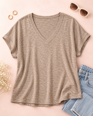 Easy Does It Hacci V-Neck Tee - Heathered Mocha