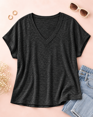 Easy Does It Hacci V-Neck Tee - Black