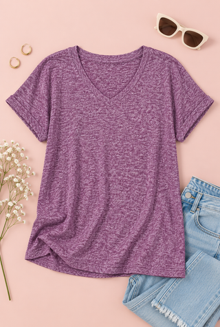 Easy Does It Hacci V-Neck Tee - Heather Purple
