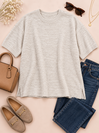 Relaxed Days Short Sleeve Sweater Top - Almond