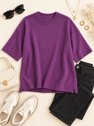 Relaxed Days Short Sleeve Sweater Top - Purple