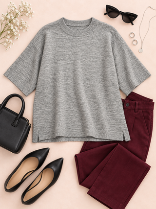 Relaxed Days Short Sleeve Sweater Top - Grey