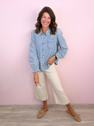 Feminine Edge Collar Button Down Denim Shirt