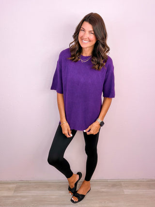 Relaxed Days Short Sleeve Sweater Top - Purple