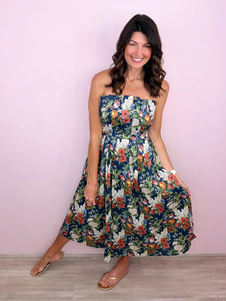 Garden Soirée Midi Dress (Navy)