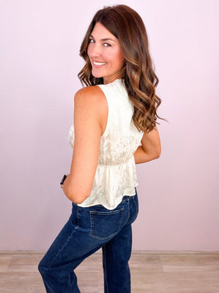 Satin Jacquard Lace Trim Tank - Vanilla