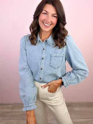 Feminine Edge Collar Button Down Denim Shirt
