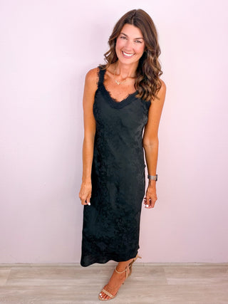 Satin Jacquard Lace Midi Dress - Black