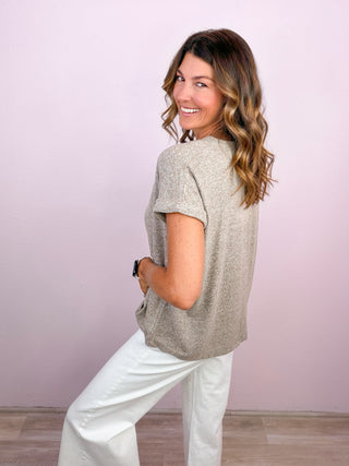 Easy Does It Hacci V-Neck Tee - Heathered Mocha