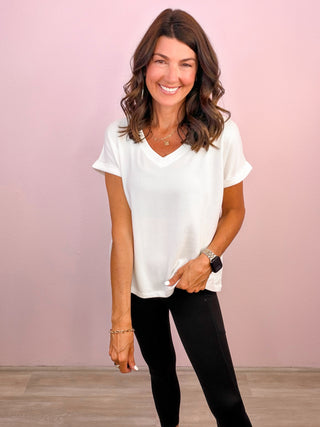 Easy Does It Hacci V-Neck Tee - White