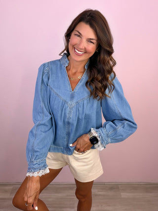 Denim Darling Blouse with Lace Sleeve Detail