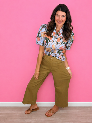 Scallop Trim Wide Leg Pants (Olive)