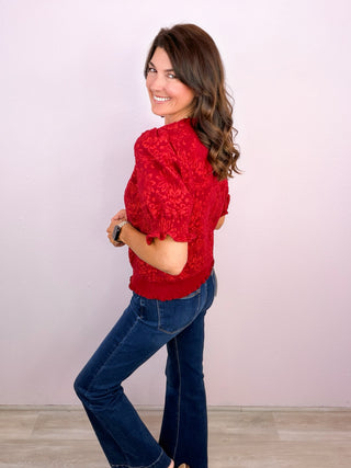 Scarlet Smocked Puff Sleeve Brushed Jacquard Top