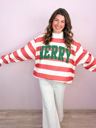 PREMIUM Emroidered MERRY Striped Mock Neck Pullover Sweatshirt