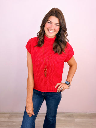 Cozy Charm Mock Neck Sweater Top - Red