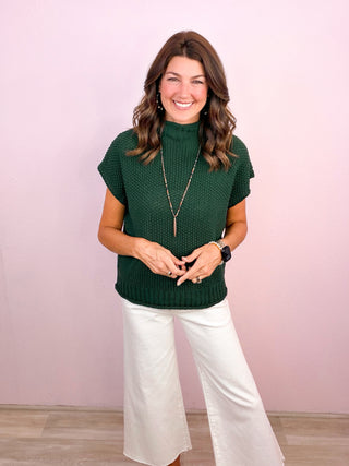 Cozy Charm Mock Neck Sweater Top - Hunter Green