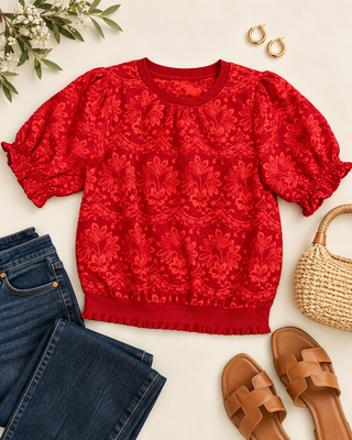 Scarlet Smocked Puff Sleeve Brushed Jacquard Top