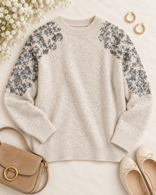 LOVESTITCH® Crewneck Sweater with Floral Sequin Details
