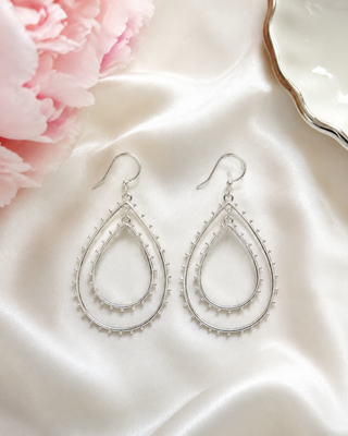 Beaded Double Tear Drop Earrings - SILVER