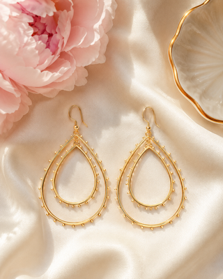 Beaded Double Tear Drop Earrings - GOLD