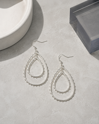 Beaded Double Tear Drop Earrings - SILVER