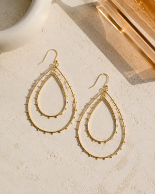 Beaded Double Tear Drop Earrings - GOLD