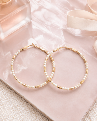 Pearl & Gold Beaded Hoop Earrings