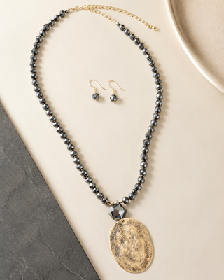 Hematite Beaded Necklace with Oval Pendant