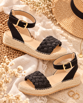 Black Espadrille Platform Flat Sandals