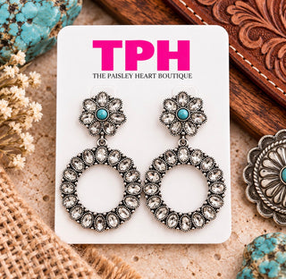 Western Round Turquoise Crystal Stone Dangle Earring